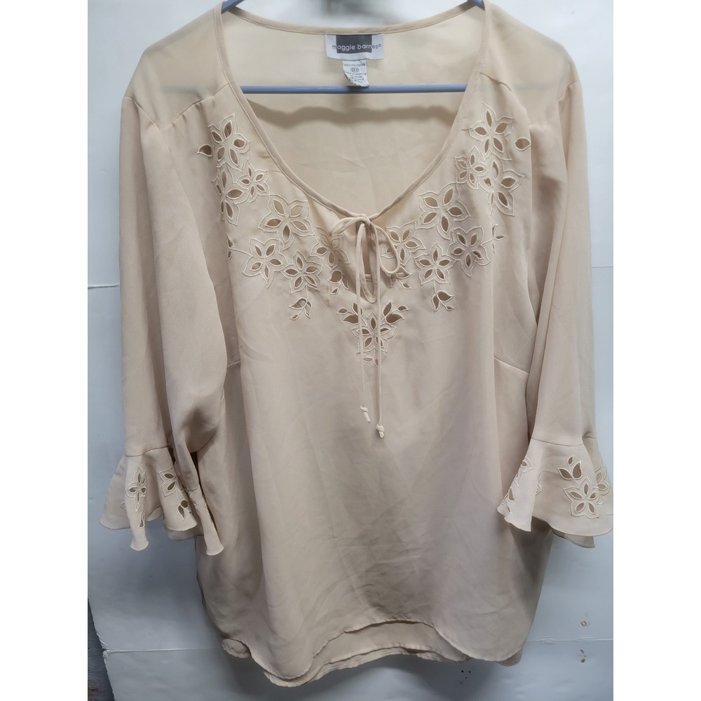 Maggie Barnes Beige Embroidered Eyelet V-Neck Bell Sleeve Blouse 26W Plus Size